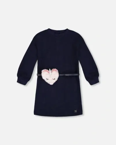 Deux Par Deux Babies'  Little Girl's Quilted Heart Fleece Dress With Belt Navy In Peacoat