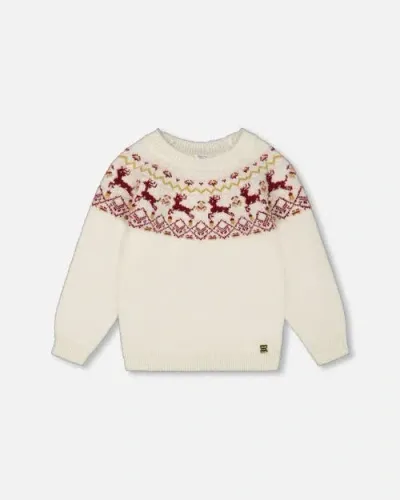 Deux Par Deux Babies'  Little Girl's Sweater With Christmas Intarsia Off White And Red