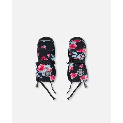 Deux Par Deux Babies'  Little Girl's Technical Mittens Black Printed Roses