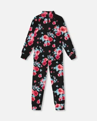 Deux Par Deux Babies'  Little Girl's Two Piece Thermal Underwear Set Black Printed Roses