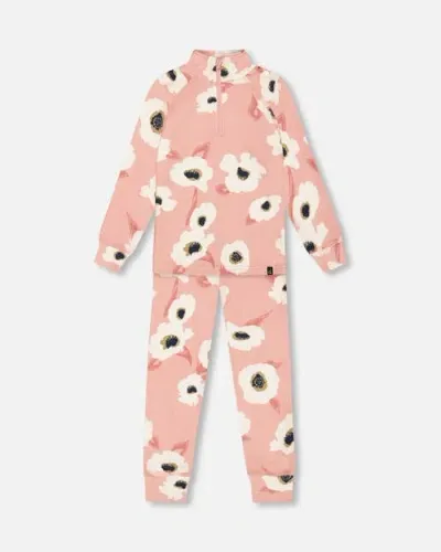 Deux Par Deux Babies'  Little Girl's Two Piece Thermal Underwear Set Pink Printed Off White Flowers