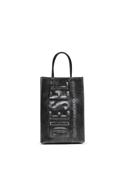 Diesel Dsl 3d M-borsa Tote In Denim Solarizzato Coated In Black