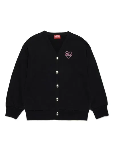 Diesel Kids' Logo Heart-print Cotton Cardigan In Black