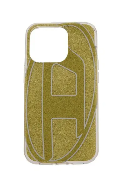 Diesel Logo Printed Iphone 15 Pro Glitter Phone Case In Gold