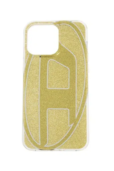 Diesel Logo Printed Iphone 15 Pro Max Glitter Phone Case In Gold