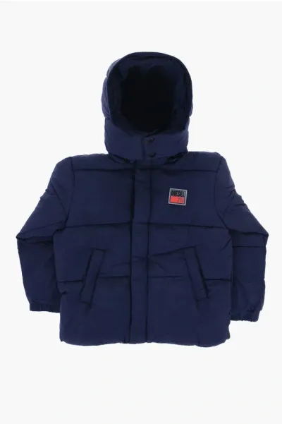 Diesel Kids' Padded Jpil Jacket With Removable Hood In Blue