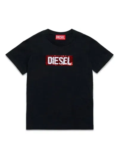 Diesel Kids' Sequin-embellished Cotton T-shirt In Black