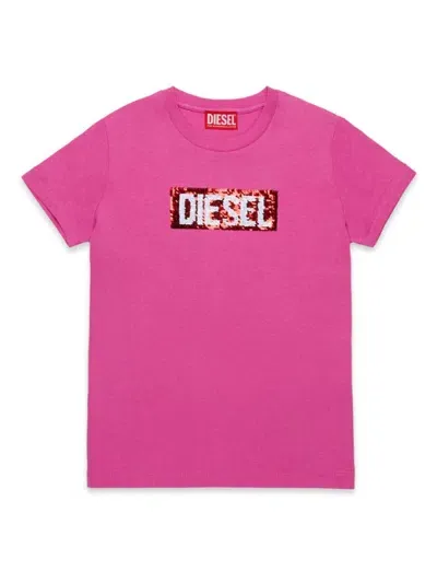 Diesel Kids' Sequin-embellished Cotton T-shirt In Pink