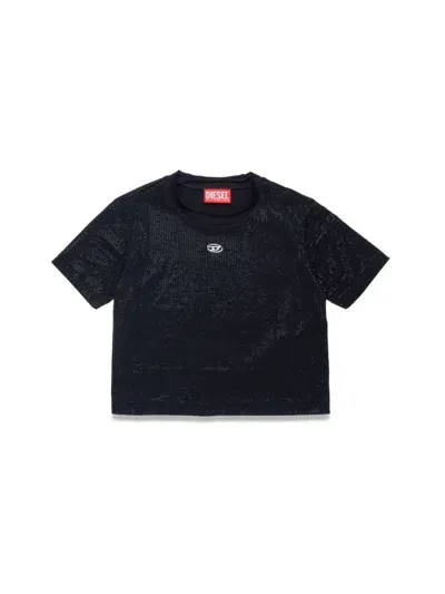 Diesel Kids' Studded Cotton Cropped T-shirt In Black