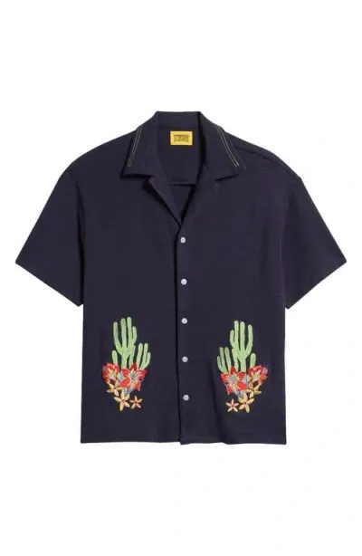 Diet Starts Monday Cactus Floral Embroidered Camp Shirt In Navy