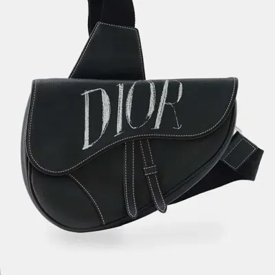 Pre-owned Dior Black Leather Saddle Crossbody Bag