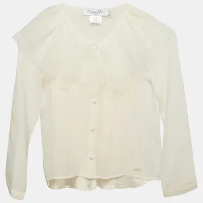 Pre-owned Dior Cream Tulle Ruffle Detail Long Sleeve Silk Blouse 8 Yrs