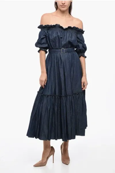 Dior Linen Blend Belted Dress With Ruffles In Blue