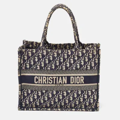 Pre-owned Dior Navy Blue Oblique Embroidered Canvas Medium Book Tote