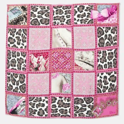 Pre-owned Dior Pink Jewel & Animal Grid Print Silk Scarf