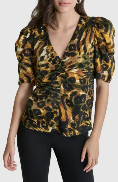 Dkny Animal Print Puff Sleeve Top In Autmn Mix