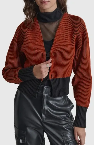 Dkny Contrast Rib Cardigan In Russet/black