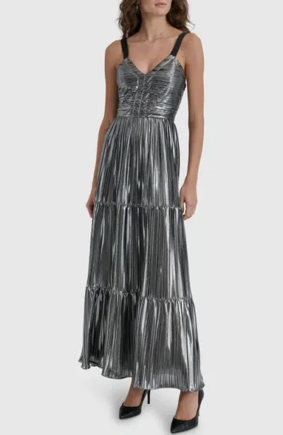 Dkny Women's Foil Plisse V-neck Sleeveless Maxi Dress In Silver