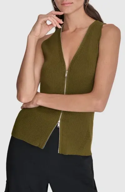 Dkny Front Zip Sweater Vest In Dark Olive