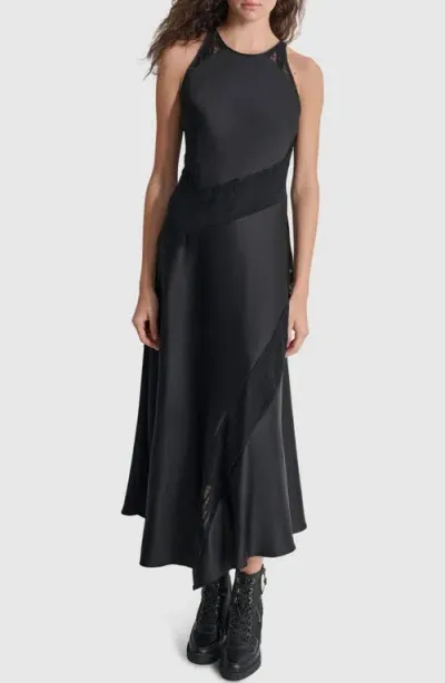 Dkny Lace Panel Sleeveless Satin Maxi Dress In Black