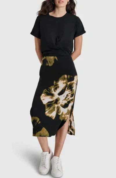 Dkny Mixed Media Midi Dress In Black/exploded Photo Floral