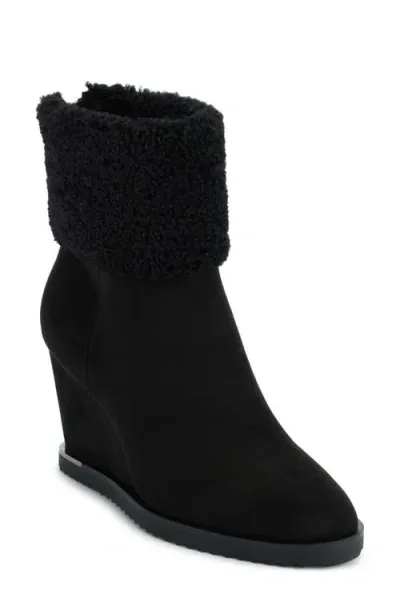 Dkny Powell Faux Shearling Wedge Bootie In Black Suede