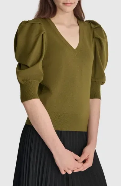 Dkny Puff Sleeve V-neck Sweater In Dark Olive