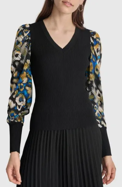 Dkny Rib Puff Shoulder Sweater In Black