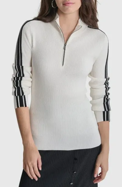 Dkny Sleeve Stripe Half Zip Sweater In Ivory/black