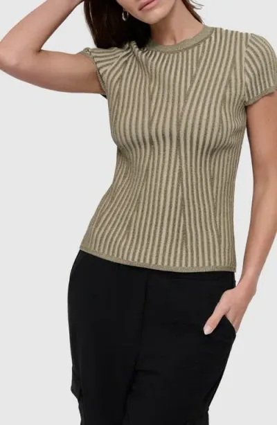 Dkny Transfer Stitch Short Sleeve Sweater In Dark Olive/trench