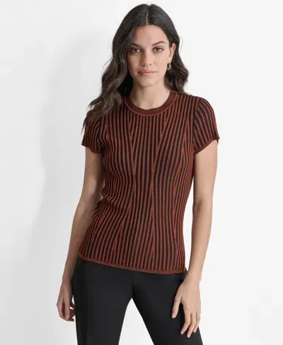 Dkny Women's Ribbed Two-tone Short-sleeve Sweater In Russet,bla