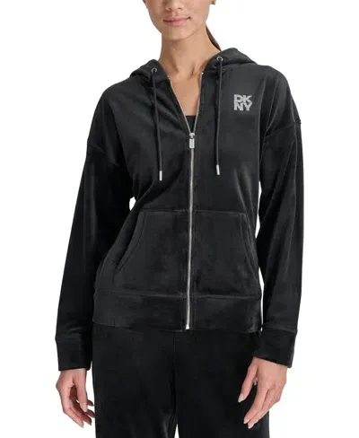 Dkny Women's Velour Rhinestone-logo Zip-front Hoodie In Black