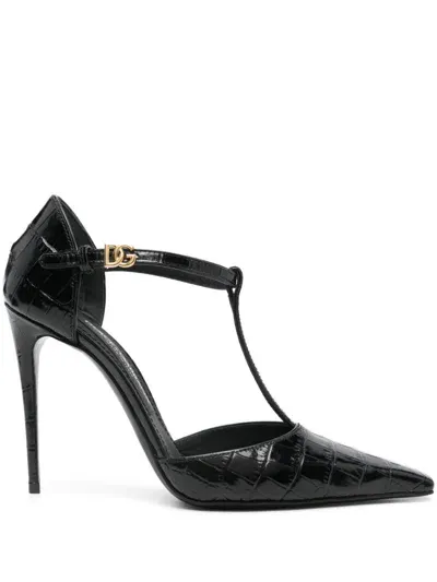 Dolce & Gabbana Black Pumps With Stiletto Heel And Croco Print In Leather Woman