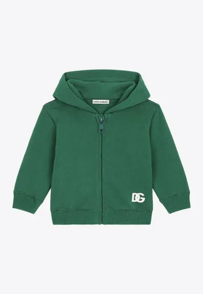 Dolce & Gabbana Babies' Logo-print Zip-up Cotton Hoodie In Green