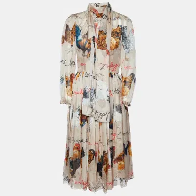 Pre-owned Dolce & Gabbana Beige Hen Print Silk Midi Dress S