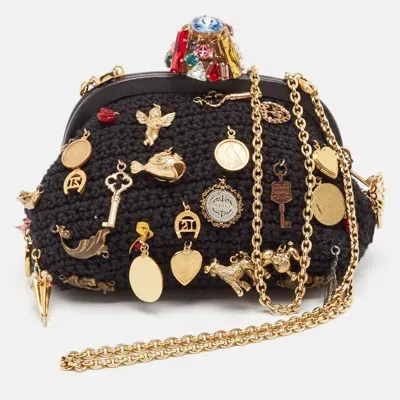 Pre-owned Dolce & Gabbana Black Crochet Embellished Frame Chain Bag