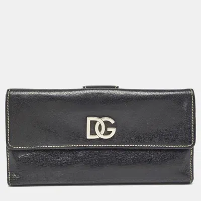 Pre-owned Dolce & Gabbana Black Leather Logo Tri Fold Continental Wallet