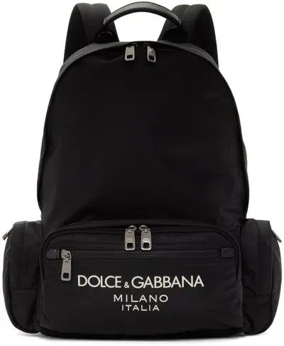 Dolce & Gabbana Black Nylon Rubberized Logo Backpack In 8b956 Nero/nero