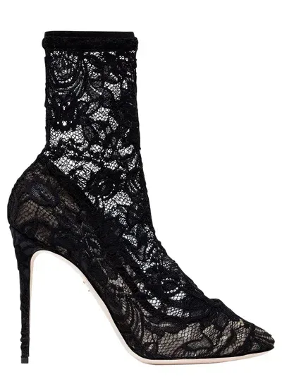 Dolce & Gabbana Black Pointed Boots In Chaintilly Lace Woman