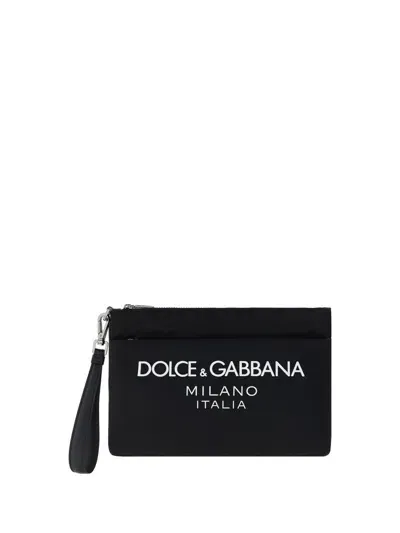 Dolce & Gabbana Black Pouch With Contrasting Rubberized Logo In Nylon Man