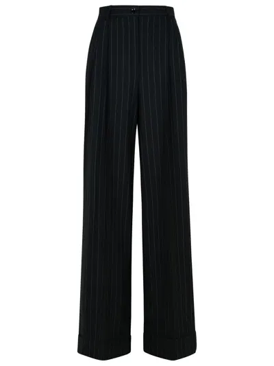 Dolce & Gabbana Pinstripe Wool High Rise Wide Pants In Black