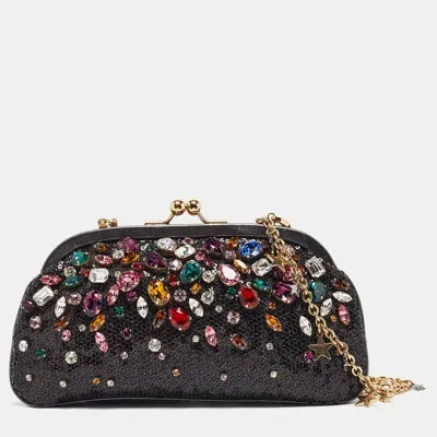 Pre-owned Dolce & Gabbana Black/grey Leather And Sequins Crystals Embellished Frame Chain Clutch