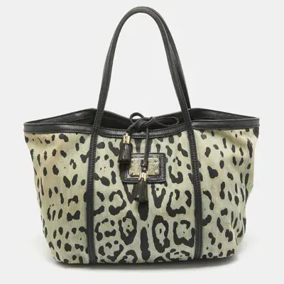 Pre-owned Dolce & Gabbana Black/light Blue Leopard Print Canvas And Leather Miss Escape Tote