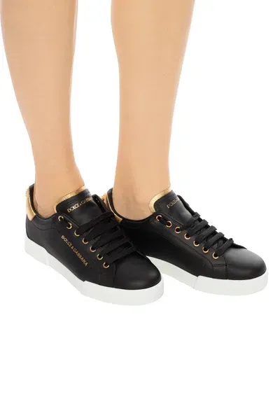 Dolce & Gabbana Calfskin Nappa Portofino Sneakers With Lettering In Black