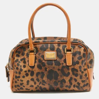 Pre-owned Dolce & Gabbana Brown/black Leopard Coated Canvas And Leather Logo Satchel