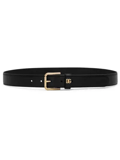 Dolce & Gabbana Calf Leather Belt With Gold Logo Plaque In Black