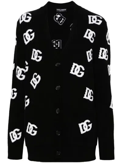 Dolce & Gabbana Wool Cardigan With Dg Logo Inlay In Black