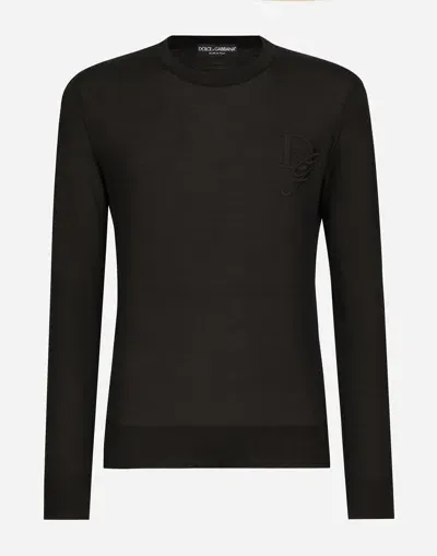 Dolce & Gabbana Cashmere Round-neck Sweater With Dg Embroidery In Black