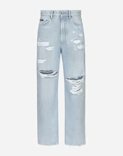 Dolce & Gabbana Cotton Denim Boyfriend Jeans With Rips In Multicolor