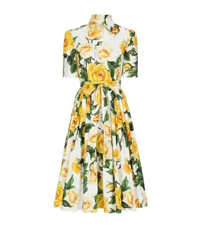 Dolce & Gabbana Belted Pleated Floral-print Cotton-poplin Midi Dress In Yellow